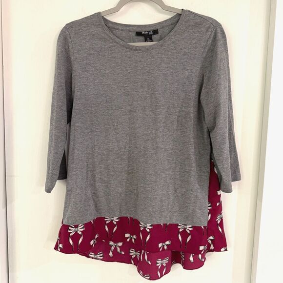 Style & Co Tops - Style & Co Women's 3/4 Sleeve Gray Knit Top Flowy Panel Bottom Cinched Back PL